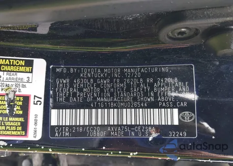 2021 Toyota Camry Se Nightshade Edition Awd z USA, uszkodzony, nr VIN 4T1G11BK0MU026544